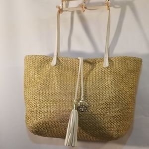 INC Woven Beach Bag Dual White Handles